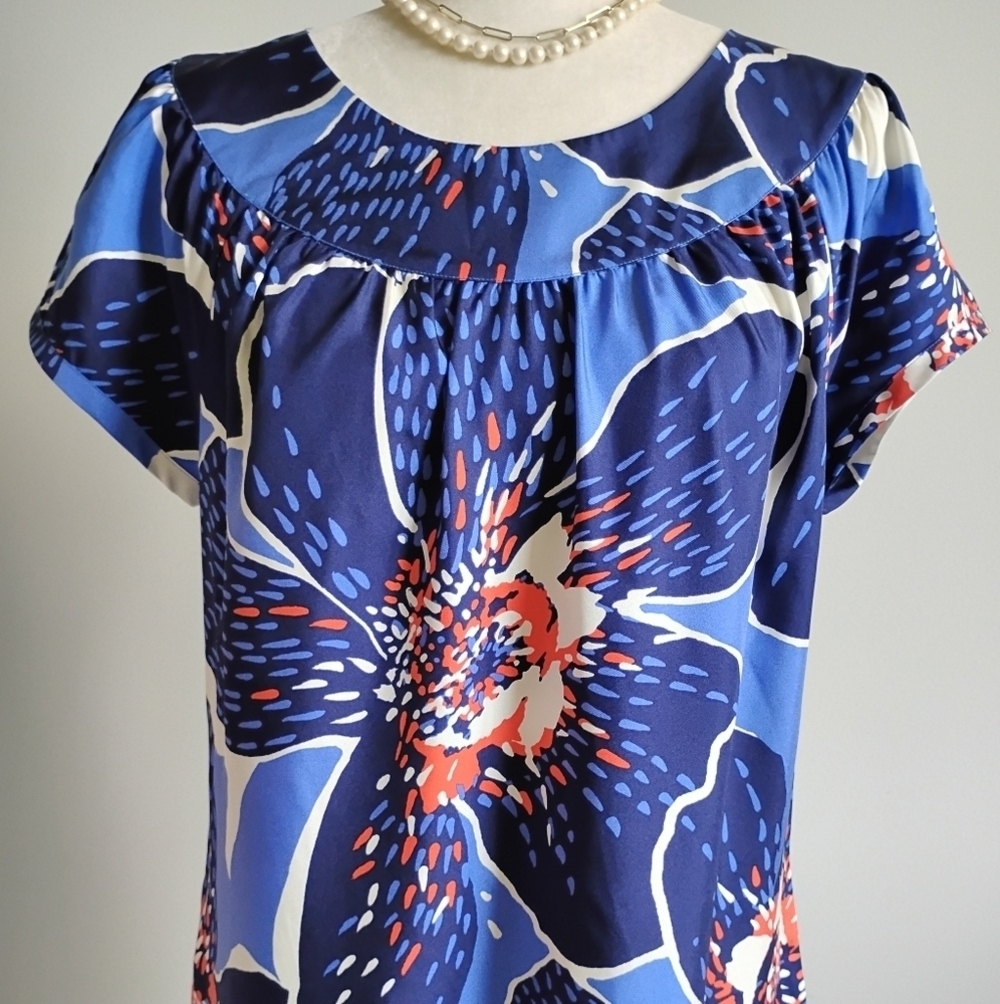 Victor Alfaro 100% Silk Navy Blue Floral Shift Dress Colorful Day Evening Sz 10 - Picture 2 of 16